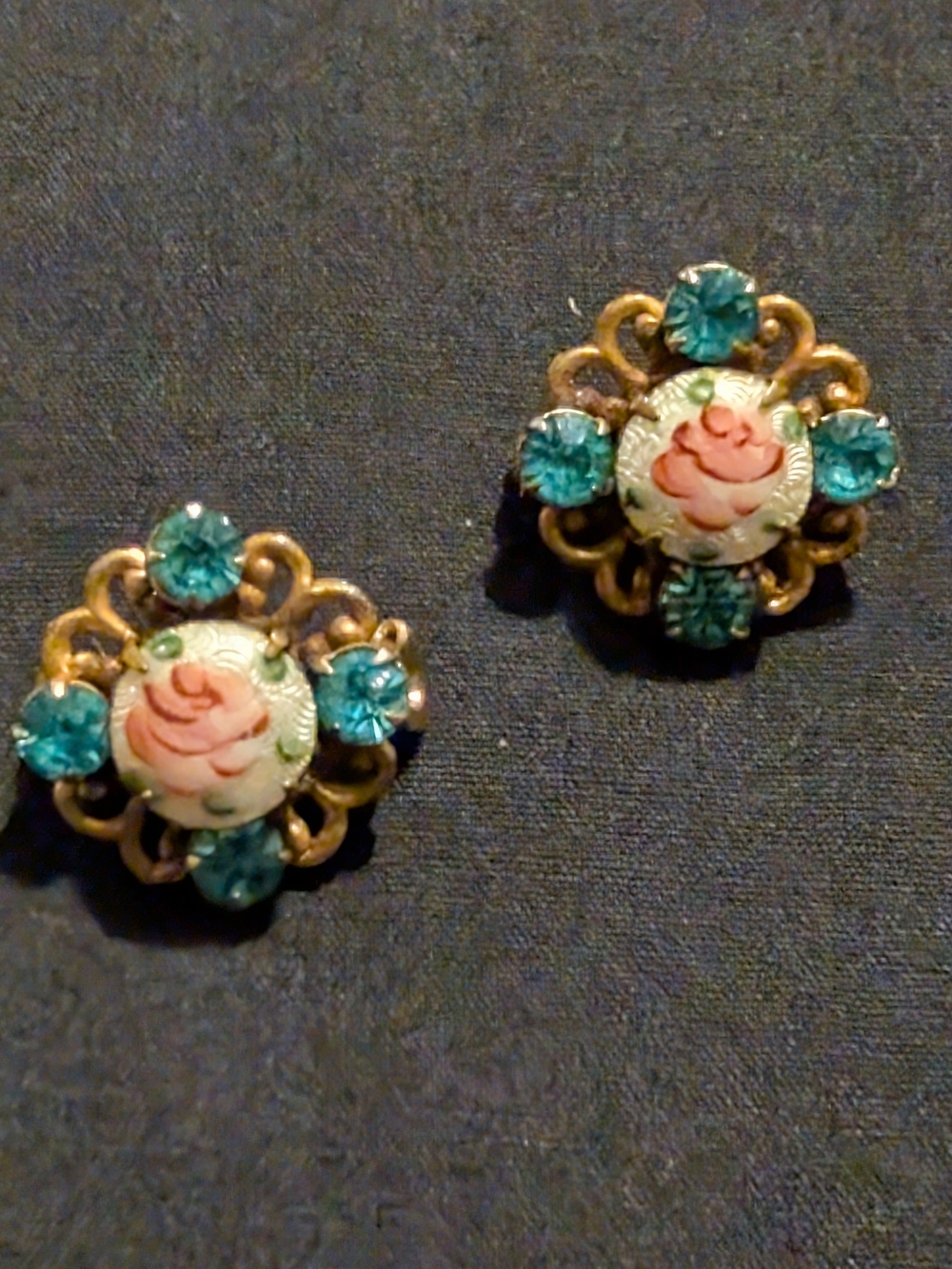 Vintage Guilloche Enamel Pink Rose With Blue Rhinestone Brooch